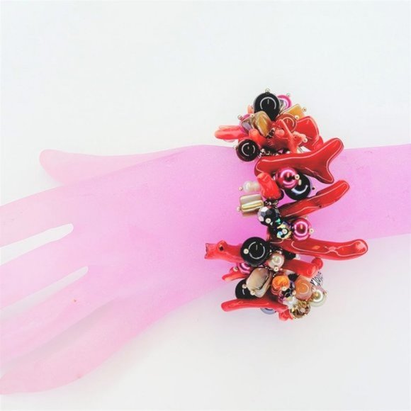 Red Coral Beads Bracelet with Pearls and multicolored Round Beads - Picture 4 of 11